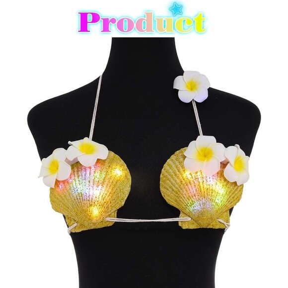 Women's Gold Light Up Shell Bra Bikini Top Flower Seashell Glowing Rave Outfits - Picture 4 of 6